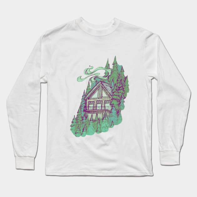 Cabin in the Forest || Nature Illustration by Chrysta Kay Long Sleeve T-Shirt by chrystakay